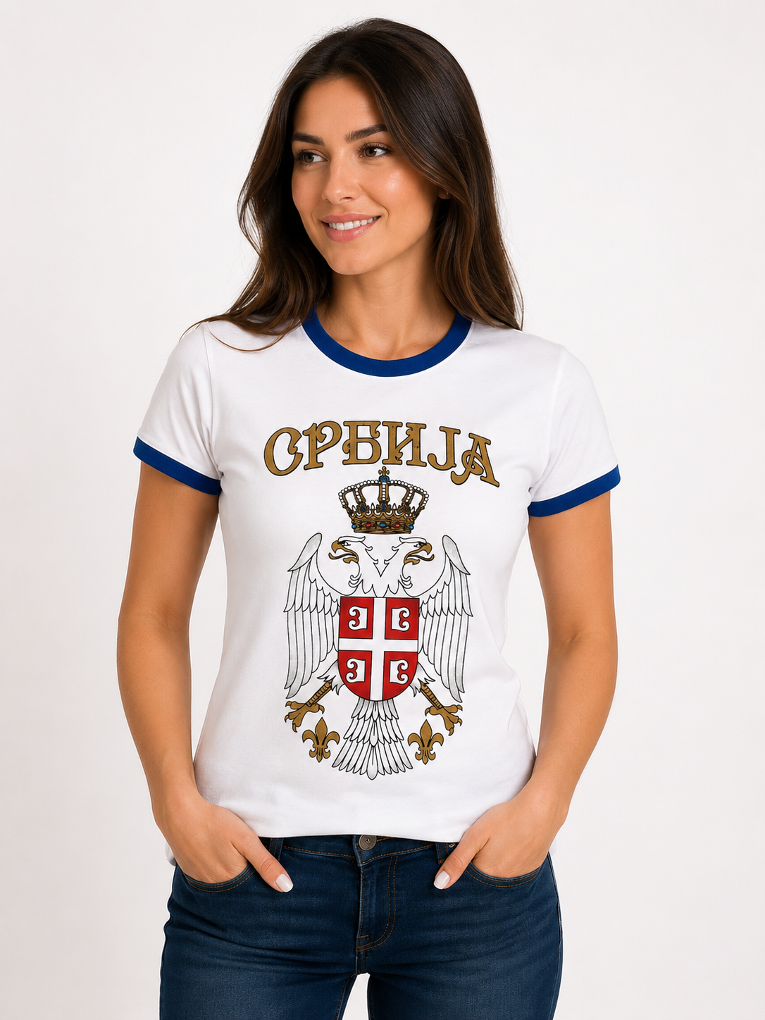 Srbija grb - Ženska majica bela sa plavim ranflama